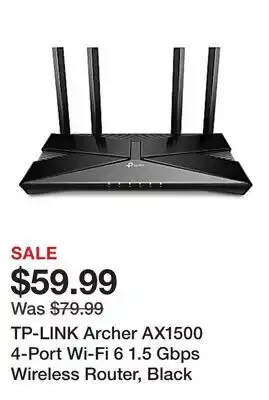 Office Depot TP-LINK Archer AX1500 4-Port Wi-Fi 6 1.5 Gbps Wireless Router, Black offer