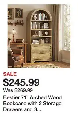 Office Depot Bestier 71 Arched Wood Bookcase with 2 Storage Drawers and 3 Adjustable Shelves, Natural Oak offer