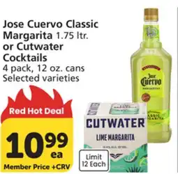 Vons Jose Cuervo Classic Margarita 1.75 ltr. or Cutwater Cocktails 4 pack, 12 oz. cans offer