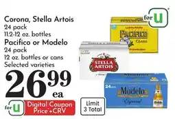Pavilions Corona, Stella Artois 24 pack 11.2-12 oz. bottles Pacifico or Modelo 24 pack 12 oz. bottles or cans offer