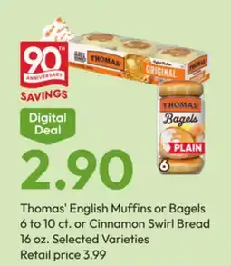 Stater Bros Thomas' English Muffins or Bagels 6 to 10 ct. or Cinnamon Swirl Bread 16 oz offer