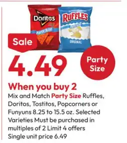 Stater Bros Party Size Ruffles, Doritos, Tostitos, Popcorners or Funyuns offer