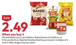 Stater Bros Lay's, Lay's Kettle or Baked Snacks 6 to 9.625 oz. or Frito Lay Dip 15 oz offer