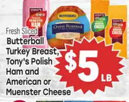 Tony’s Fresh Market Fresh Sliced Butterball Turkey Breast, Tony's Polish Ham and American or Muenster Cheese offer
