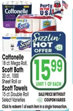 Jewel-Osco Cottonelle 18 ct Mega Roll, Scott Bath 20 ct, 1000 Sheet Roll or Scott Towels 15 ct Double Roll offer