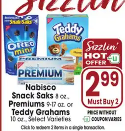 Jewel-Osco Nabisco Snack Saks 8 oz., Premiums 9-17 oz. or Teddy Grahams 10 oz offer