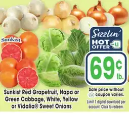 Jewel-Osco Sunkist Red Grapefruit, Napa or Green Cabbage, White, Yellow or Vidalia Sweet Onions offer