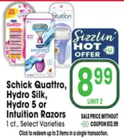 Jewel-Osco Schick Quattro, Hydro Silk, Hydro 5 or Intuition Razors offer