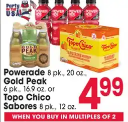 Jewel-Osco Powerade 8 pk., 20 oz., Gold Peak 6 pk., 16.9 oz. or Topo Chico Sabores 8 pk., 12 oz offer