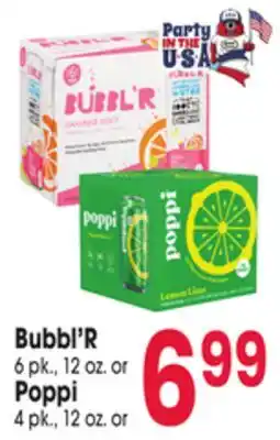 Jewel-Osco Bubbl'R 6 pk., 12 oz. or Poppi 4 pk., 12 oz. or offer