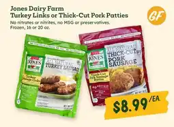 Sprouts Farmers Market Jones Dairy Farm Turkey Links or Thick-Cut Pork Patties offer