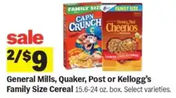 Meijer General mills, quaker, post or kellogg's family size cereal offer