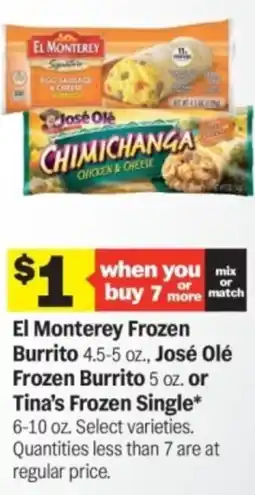 Meijer El monterey frozen burrito oz., josé olé frozen burrito or tina's frozen single offer