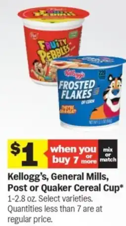 Meijer Kellogg's, general mills, post or quaker cereal cup offer