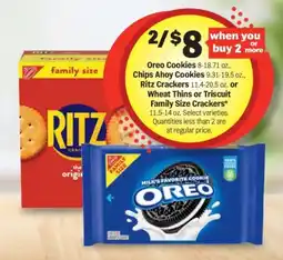Meijer Oreo cookies, chips ahoy cookies, ritz crackers or wheat thins or triscuit family size crackers offer