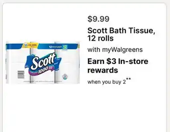 Walgreens Scott Bath Tissue, 12 rolls offer