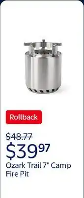 Walmart Ozark Trail 7'' Stainless Steel Integrated Wood-Burning Camp Fire Pit offer