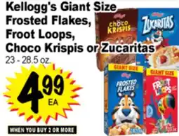 Superior Grocers Kellogg's Giant Size Frosted Flakes, Froot Loops, Choco Krispis or Zucaritas offer