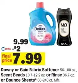 Meijer Downy or gain fabric softener, scent beads or rinse or bounce sheets offer