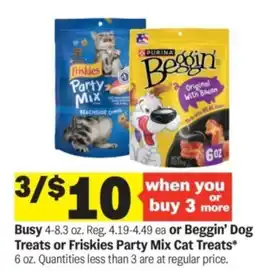 Meijer Busy or beggin' dog treats or friskies party mix cat treats offer