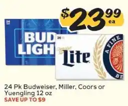 Winn Dixie 24 Pk Budweiser, Miller, Coors or Yuengling offer