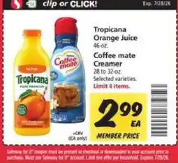 Safeway Tropicana Orange Juice & Coffee mate Creamer offer