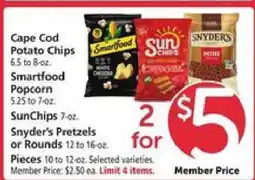 Safeway Cape Cod Potato Chips, Smartfood Popcorn, SunChips, Snyder's Pretzels or Rounds offer