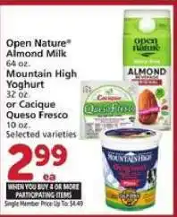 Albertsons Open Nature Almond Milk / Mountain High Yoghurt / Cacique Queso Fresco offer