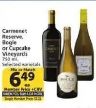 Albertsons Carmenet Reserve, Bogle or Cupcake Vineyards offer
