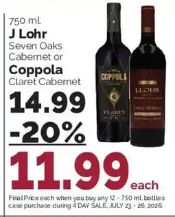 Harris Teeter J Lohr Seven Oaks Cabernet or Coppola Claret Cabernet offer