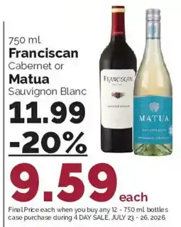 Harris Teeter Franciscan Cabernet or Matua Sauvignon Blanc offer