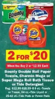 Schnucks Bounty Double Roll Paper Towels, Charmin Mega or Super Mega Roll Bath Tissue or Tide Detergent offer