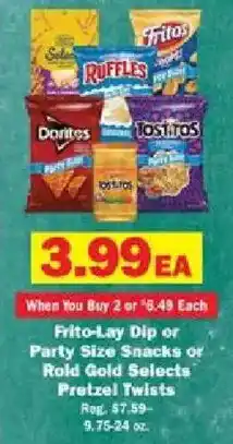 Schnucks Frito-Lay Dip or Party Size Snacks or Rold Gold Selects Pretzel Twists offer