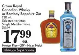 Pavilions Crown Royal Canadian Whisky or Bombay Sapphire Gin offer