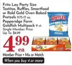 Pavilions Frito Lay Party Size Tortitos, Ruffles, Smartfood or Rold Gold Oven Baked Pretzels offer