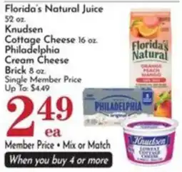Pavilions Florida's Natural Juice, Knudsen Cottage Cheese, Philadelphia Cream Cheese offer
