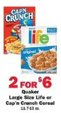 Schnucks Quaker Large Size Life or Cap'n Crunch Cereal offer