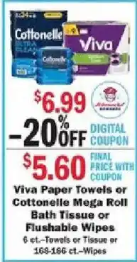 Schnucks Viva Paper Towels or Cottonelle Mega Roll Bath Tissue or Flushable Wipes offer