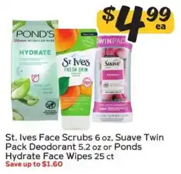 Winn Dixie St. Ives Face Scrubs, Suave Twin Pack Deodorant or Ponds Hydrate Face Wipes offer