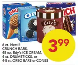 Pete's Fresh Market 6 ct. Nestlé CRUNCH BARS, 48 oz. Edy's ICE CREAM, 4 ct. DRUMSTICKS, or 4-8 ct. OREO BARS or CONES offer