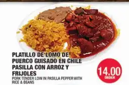 Carnicerias Jimenez PLATILLO DE LOMO DE PUERCO GUISADO EN CHILE PASILLA CON ARROZ Y FRIJOLES offer