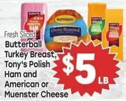 Tony’s Fresh Market Fresh Sliced Butterball Turkey Breast, Tony's Polish Ham or American or Muenster Cheese offer