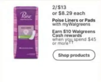 Walgreens Poise Liners or Pads offer