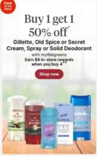 Walgreens Gillette, Old Spice or Secret Cream, Spray or Solid Deodorant offer