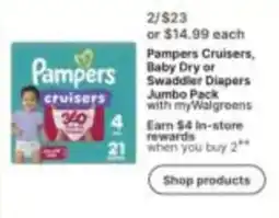Walgreens Pampers cruisers baby dry or swaddler diapers jumbo pack offer