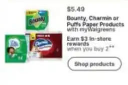 Walgreens Bounty, Charmin or Puffs Paper Products offer