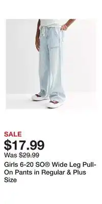 Kohl's Girls 6-20 SO Wide Leg Pull-On Pants in Regular & Plus Size offer