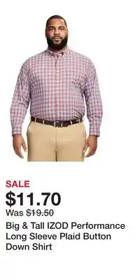 Kohl's Big & Tall IZOD Performance Long Sleeve Plaid Button Down Shirt offer