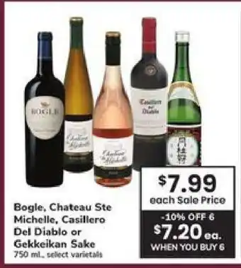 Safeway Bogle, Chateau Ste Michelle, Casillero Del Diablo or Gekkeikan Sake offer