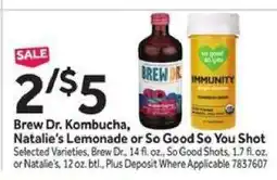 Stop&Shop Brew Dr. Kombucha, Natalie's Lemonade or So Good So You Shot offer